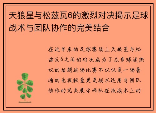 天狼星与松兹瓦6的激烈对决揭示足球战术与团队协作的完美结合